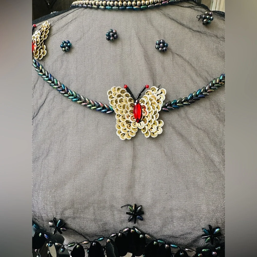 Capelet Beaded Shoulder 1920’s Style Butterfly Mesh Red  Gold Accents topper